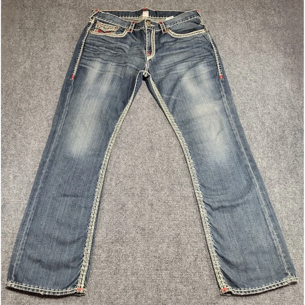 Vtg True Religion Men's Dark Desire Blue Red White Rope Stitch Jeans Size 38